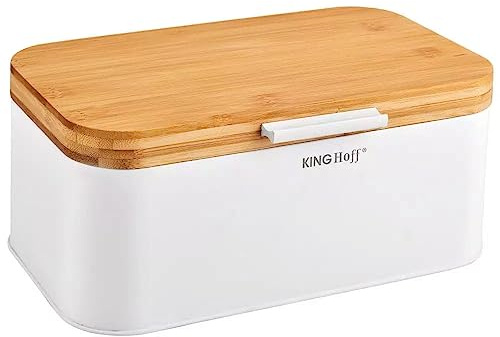 KING HOFF Stahl Brotbox Brotkasten mit Bambusdeckel (Weiß)
