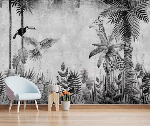 MWSSEGGE Papier Peint Panoramique Noir Et Blanc forêt Tropicale Girafe Affiche Photo Murale, Papier Peint Intissé, Pour Salon TV Fond Décoration Murale (300x210cm,C)