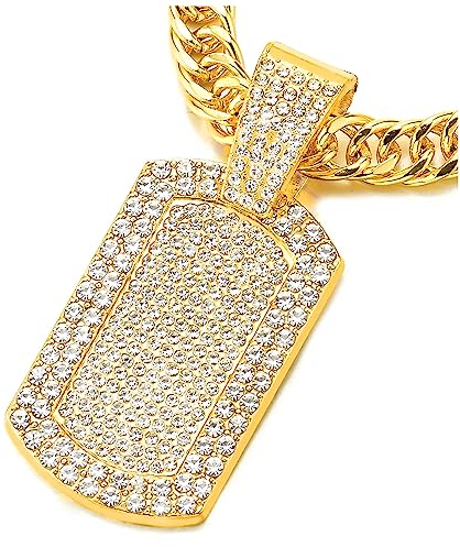 COOLSTEELANDBEYOND Dog Tag Iced Out Anhänger Pave Strass Herren Damen Halskette, Goldfarbener, Bling Bling Rapper Schmuck