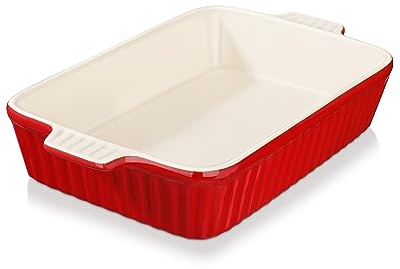 MALACASA Plat à Four Rectangulaire en Porcelaine, Grand Plat à Gratin avec Poignées pour Cuisson 3000ml, 37,5 x 6,5 cm Plat en Porcelaine Rouge, Passe au Lave-vaisselle, Série BAKE.BAKE