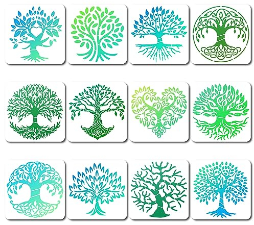 GORGECRAFT 12 Styles Tree of Life Stencil Branch Painting Stencils Reusable Tree Root Leaves Drawing Template Heart Natural Plants Woodland Hollow out Templates for Painting on Wood Wall Scrapbook