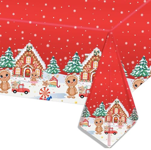 POPOYU 2 Pièces Nappe Plastique de Noel Rectangulaire,137x274cm Rouge Nappe Jetable Bonhomme Père Noël Nappe pour Noël Party Anniversaire Nouvel an Fêtes de Fin d’année Cuisine Buffet