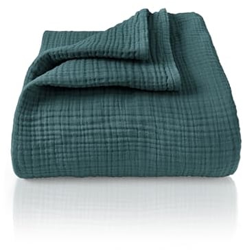 LAYNENBURG Premium Musselin Tagesdecke 150x200 cm - 100% Baumwolle - extraweiche, leichte Sommerdecke als Kuscheldecke, Bett-Überwurf, Baumwolldecke, Couch-Überwurf - warme Sofa-Decke (Blau Mirage)