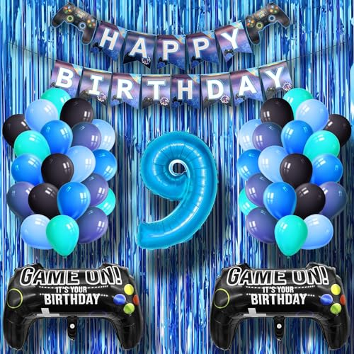 DEUXYU Geburtstagsdeko Junge 9 Jahr, Luftballons Geburtstag Junge Dekoration Zubehör Set mit Happy Birthday Banner für 9. Jahr Jungen Ballons Geburstag Deko, Videospiel Game Party