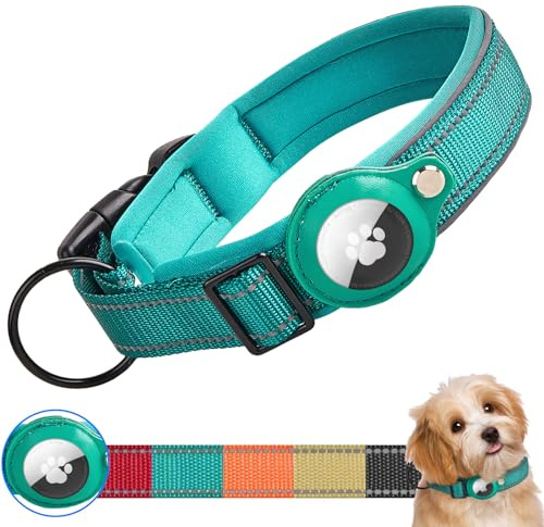 Ledeak Taktisches AirTag Hundehalsband, Wasserdicht Integriertes Apple AirTag Halter Reflektierendes Hunde Halsbänder, Gepolstertes Hundehalsband für Kleine, Mittlere und Große Hunde (Cyan, XL)
