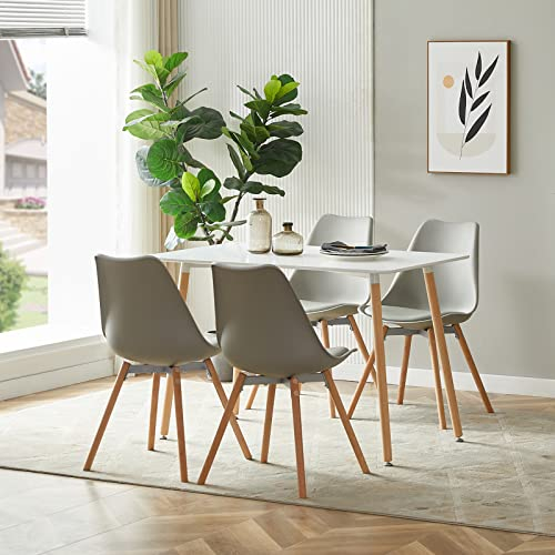 FURNITABLE Esszimmergruppe mit 4 Stühlen, Rechteckig Küchentisch-Set Essgruppe für Küche Esszimmer und Wohnzimmer (Weiß Tisch+4 Grau Esszimmerstühle)