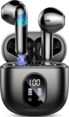 Cuffie Bluetooth, Auricolari Bluetooth 5.4 Cuffie Wireless In Ear con 4 ENC Mic Stereo, Cuffie Senza Fili Cancellazione Rumore Cuffiette Bluetooth IP7 Impermeabili Earbud 50H LED Display Bianco (2024)