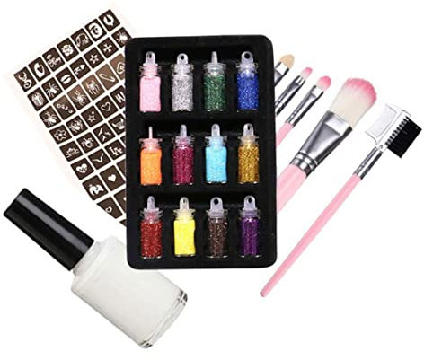 BEAHING Glitter Tattoo Set Temporary Body Nail Cosmetic Glitter Art Paint Tattoo Glitter Template with Stencils Glue for Festival Show, glitter tattoo set