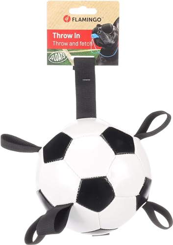 Flamingo Towa – Schwimmfähiger Fußball für Hunde – Weiß/Schwarz – Ø 14 cm – Mit Griffen – Robustes Wasserspielzeug für interaktives Spielen