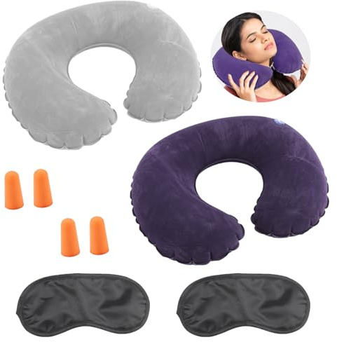 Qtksceadlnce Oreiller de Voyage Gonflable, avec Bouchon d'oreille et Masque pour Les Yeux, Appui-Tête en Forme de U, Oreiller de Soutien de Nuque pour Le Bureau, Avions, Bus, Trains (Lot de 2, Set A)
