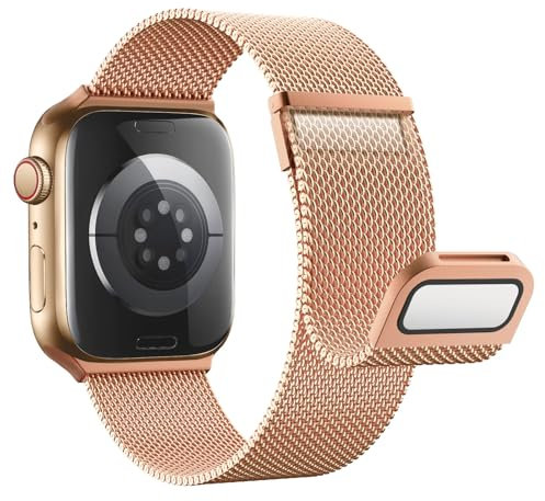 Astorgos Correas Metálica Compatible con Correa Apple Watch Ultra/Ultra2 49mm/Serie 10/9/8/7/6/5/4/3/2/1/SE 42/44/45/46mm,Bracelet Magnética Doble Pulsera de Metal de Acero Inoxidable,Dorado Champagne