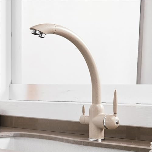Wasserhahn Küche, Edelstahl Küchenarmatur 360° Drehbar, Trinkwasserhahn mit 2 Hebel, Messing Spültischarmatur für Filtersysteme Beige