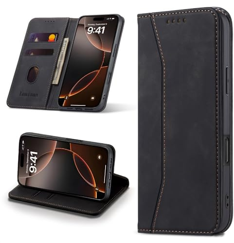 Leaisan Handyhülle für iPhone 16 Pro Hülle Premium Leder Flip Klappbare Stoßfeste Magnetische [Standfunktion] [Kartenfächern] Schutzhülle für iPhone 16 Pro Tasche - Schwarz