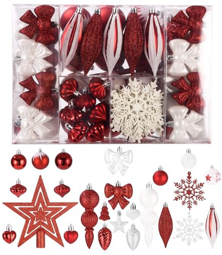 Bixury 88 Pezzi Palline Natale Rosso e Bianco Set di Palline di Natale in Plastica Palline Albero di Natale Glitter Decorazione Dell'albero di Natale L'Albero di Decorazione Appesa Feste Decori