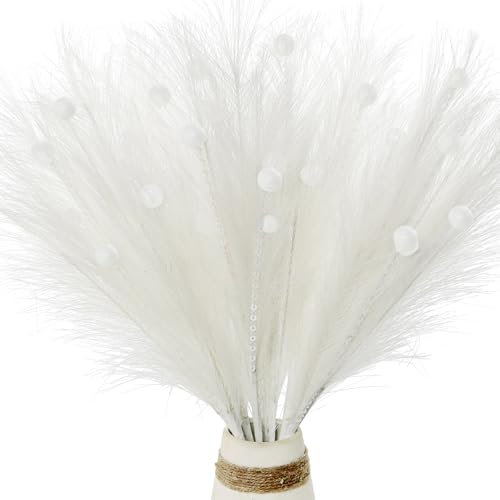 Pack of 4 Christmas Feather Sequins Berries Picks, 40cm Christmas Tree Large Feathers Glittering Sequins Berries Decorations for Xmas Decor Crafting Home Decorative Vase filling (White)