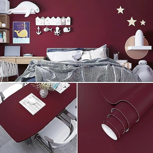 XRUIBZI Plain Burgundy Wallpaper 40cmx1000cm Sticky Back Plastic Worktop Vinyl Covering Solid Purple Kitchen Contact Paper Self Adhesive Waterproof Wall Paper for Kitchen Countertop Wall