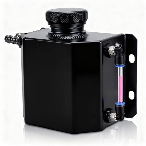 WODHMIEY 1L/2L Coolant Reservoir Tank Universal Radiator Coolant Overflow Expansion Tank Polished Aluminum Engine Coolant Recovery Kit with Magnetic Drain Plug and Level Hose for Car (Black 1L)