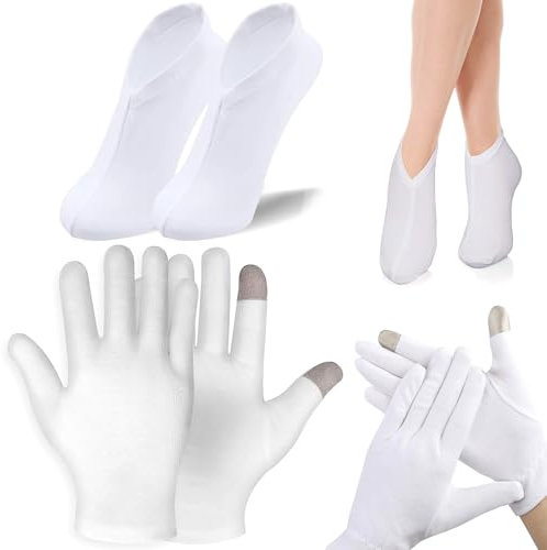 1 Paire Gants Hydratants en Coton,1 Paire Chaussettes Hydratantes Gants Tactiles pour Soins de Nuit,Traitement SPA Mains et Pieds pour Femmes Hommes Nuit au Coucher Lotion de Nuit Mains Sèches Spa