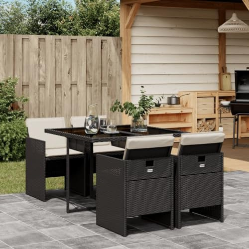 IKAYAA Rattan Gartenmöbel Set 5-TLG, Rattan Sitzgruppe für 4 Personen, Gartentisch aus Glas mit Stapelbar Stühlen & Kissens, Essgruppe Garten, Gartengarnitur Sitzgarnitur, Schwarz und Creme