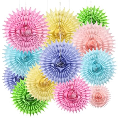 BestoFun 12PCS Paper Fans Pastel Rainbow Colorful Party Decorations Tissue Paper Flowers Decorations for Girl Groovy Birthday Baby Shower Wedding Bachelorette Room Wall Hanging Décor
