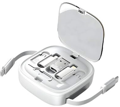 Multi-Function 5-in-1 Retractable Type-C Cable Kit | High-Speed 60W Charging, Lightning/Micro/USB-A Connectors, Data Sync, SIM & TF Card Holder, Phone Stand – Travel-Friendly White Adapter