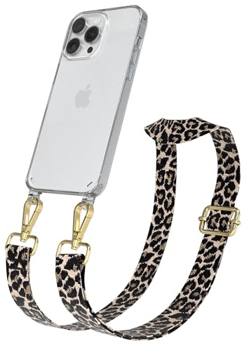 EAZY CASE Handykette - Verstellbares Taschenband kompatibel mit iPhone 14 Pro Max, Schulterriemen, Handykordel mit Silikon Hülle, Umhängetasche, Leo - Schwarz Beige Gold