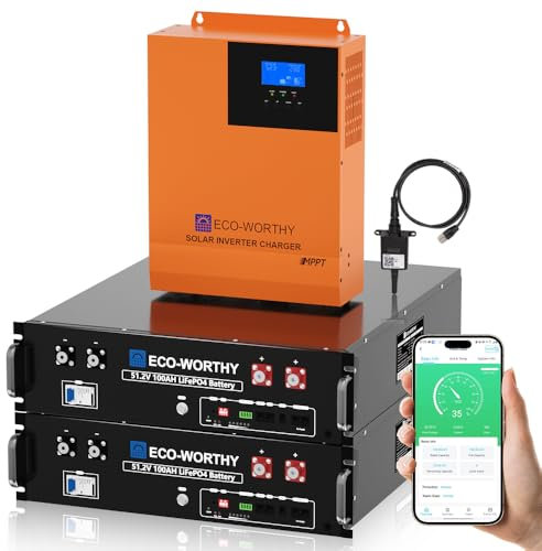 ECO-WORTHY 51.2V 200AH£¨2Pack 48V 100AH£© LiFePO4 Server Rack Battery with 48V 5000W Hybrid Inverter,Low-Temp Protection & Bluetooth for Backup Power, Solar & Off-Grid