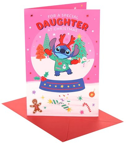 UK Greetings Disney Lilo and Stitch Weihnachtskarte für Tochter, Weihnachtsgeschenke, Mädchen, Frauen, Stich in Schneekugel-Tochter, mit Umschlag, 22,9 x 14,9 cm