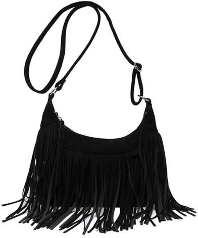 CORIOS Vintage Fransen Schultertasche Frauen Handtasche mit Quasten Damen Wildleder Umhängetasche Weiches Kunstleder Henkeltaschen Retro Tragetasche Elegant Arbeit Shopper Reise Tote Beutel Schwarz