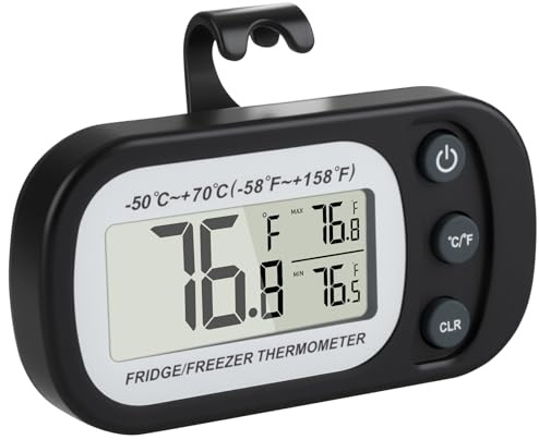 Refrigerator Thermometer LCD Digital Fridge Thermometer, Black | Waterproof Freezer Thermometers with Hanging Hook Temperature Monitor with Max/Min Record for Kitchen Restaurants