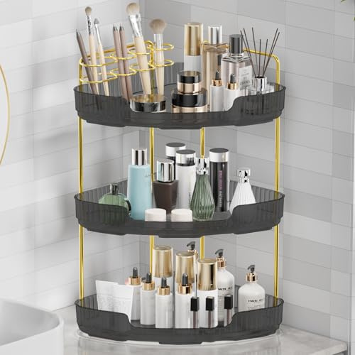 Umtiti 3-Tier Corner Bathroom Counter Storage Organizer, Tool - Free Installation Acrylic Vanity Shelf, Ideal for Bathroom, Dresser, Kitchen(Gray)