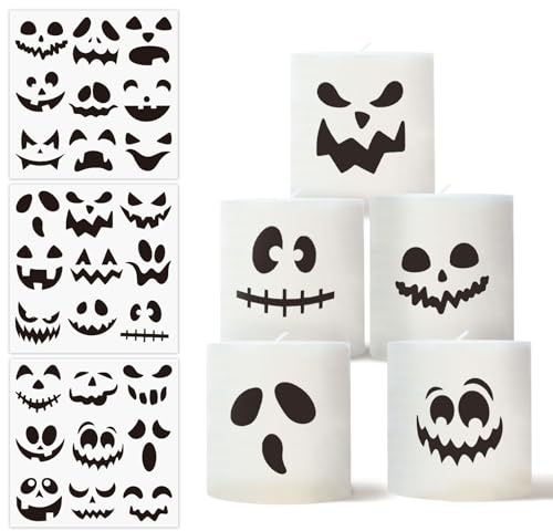 BETESSIN 3 Bögen Halloween Kerzen Tattoos mit Geister-Gesichts Motiven - Wasserschiebefolie Kerzentattoos - Rub on Sticker für Halloween Deko Innen (15x15cm)