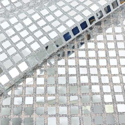Vayliro 1m x 140cm Discokugel Spiegelstoff Quadratischer Paillettenstoff Bühnendekorationsstoff Glänzend Nähstoffe Meterware Dekostoff Kostümstoff für DIY Basteln Hochzeit Party Bankett,Silber