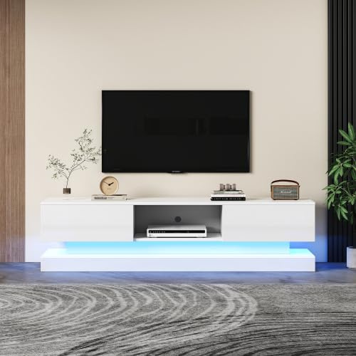 Merax Mobile TV Lowboard 160 cm con illuminazione a LED, bianco lucido, 2 cassetti per TV da 60 pollici, moderna TV Board con gestione dei cavi e design anti-ribaltamento per mobili da soggiorno