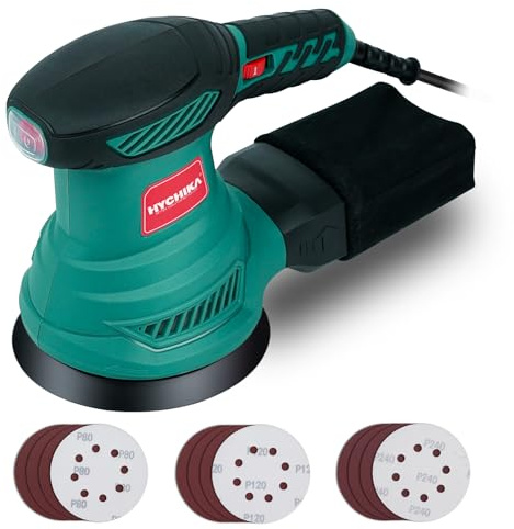 HYCHIKA 300W Orbital Sander, 6 Speed 6000-13000 OPM Electric Sander with 12pcs 125mm Sanding Discs, with Dust Collector