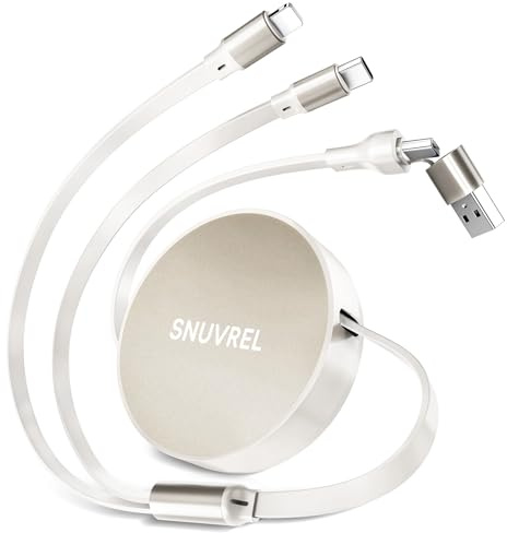 Snuvrel Multi Charger Cable 180cm/6ft Retractable Cable - 66W PD Fast Charger with 4-in-1 Ports and Thick Copper Wires for Phones Tablets Laptops (White and Gold)