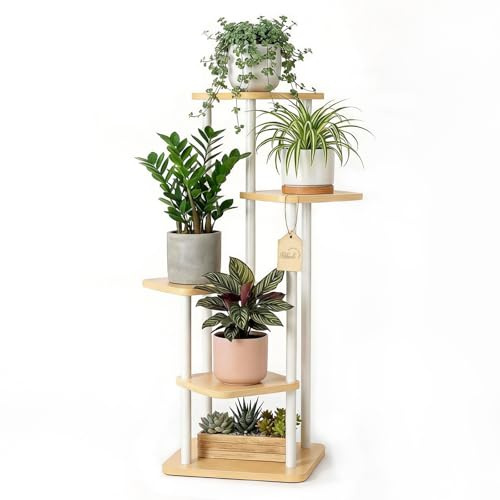 Ribech Support à Plantes d’Intérieur Support pour Plantes 5 Niveaux, Étagère à Fleurs en Métal Intérieur/Extérieur, Support pour Jardinière Balcon/Salon, Blanc