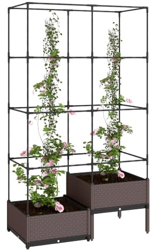 Outsunny Hochbeet Pflanzkasten mit Rankgitter Zwei Boxen 100 x 50 x 174 cm | Pflanzkübel aus Kunststoff, Blumenkasten, Gartenspalier, für Garten Balkon Terrasse, Kletterpflanzen Korbpflanzen