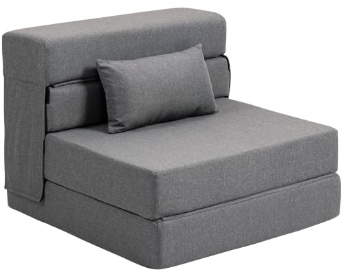 HOMCOM 3 in 1 Schlafsessel mit Leinenoptik 80 x 80 x 64 cm Dunkelgrau | Klappbar, Schlafsofa, Verstellbarer Rückenlehne, Kissen, Bettfunktion, Gästebett, Klappsessel für Wohnzimmer