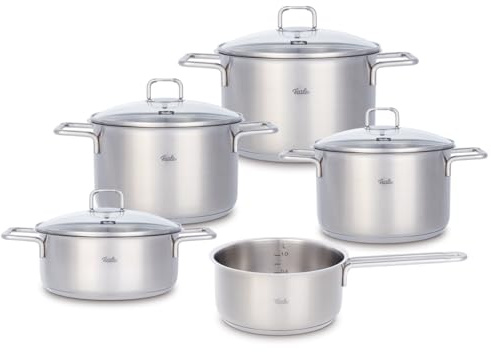 Fissler SatiTherm Edelstahl-Topfset 5-teilig – Made in Germany, satiniertes 18/10 Edelstahl, Glasdeckel, Superthermic Boden, Messskala, Induktion, Silber