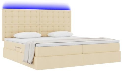 vidaXL Bett mit Stauraum und LED mit LED Creme 200 x 200 cm Polyester, Moderner rechteckiger Stauraum-Bett, hydraulischer Lift, Metallrahmen, LED und unter Bett