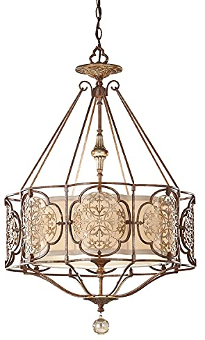 Licht-Erlebnisse Verzierte Pendelleuchte SAMEA Creme Stoff 3xE27 Ø54cm verstellbar Rustikal Design Lampe Wohnzimmer Esstisch