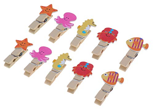 Amosfun 10 Stücke Meerestiere Mini Holzklammern mit Seil Holz Wäscheklammern Zierklammern Dekoklammern Weihnachten Deko Klammern Foto Clips für Fotowand Snacks Tüten