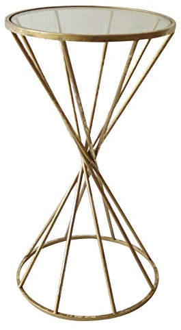 Mesita de metal redonda de salón color dorado con forma de reloj de arena sobre de cristal 38 x 38 x 70 cm