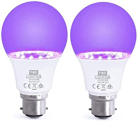 TBE LIGHTING UV LED Bulbs - 2 Pack - 9w Ultra Violet Black Light Bulbs - B22 Standard Bayonet Fitting - 395-400nm wavelength, Energy Saving Long Life LED A60 Bulb - 20,000Hrs Life Expectancy
