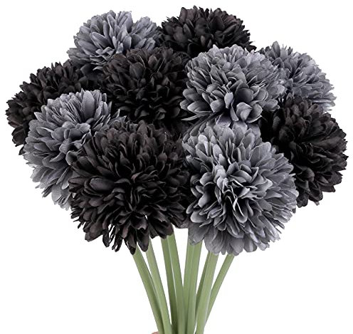 Louiesya Artificial Flowers, 10Pcs Fake Flowers Silk Artificial Chrysanthemum Ball Hydrangea Bridal Wedding Bouquet for Home Garden Party Wedding Decor (Black,Grey, 10 Pcs)