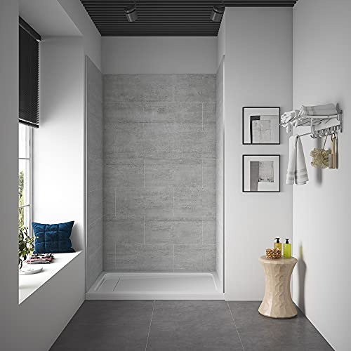 Ove Decors Misty 48 x 32 in. Solid Surface Alcove Shower Wall in Horizontal Grey Tiles