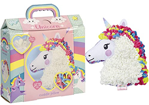 Totum Einhorn Schmusekissen Bastelset: Regenbogen-Einhorn-Kissen zum Selbermachen mit weichen Garn und Häkelnadel, Geschenk für Kinder