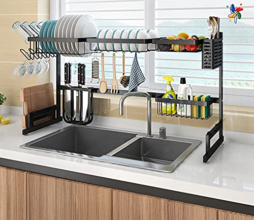 Yizhe 2 Niveles Escurreplatos de Escurridor de Platos con Bandejas de Plástico Extraíbles, Estante de desagüe de Cocina de Acero Inoxidable Lacado Negro 85x32x52cm