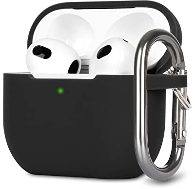 KOKOKA Silikon Hülle Kompatibel mit AirPods 3 Case und Schutzhülle für AirPods 3rd Generation 2021, Stoßfeste Weiche Dünne Case für Airpods 3 Mit Karabiner, Front-LED Sichtbar, Schwarz